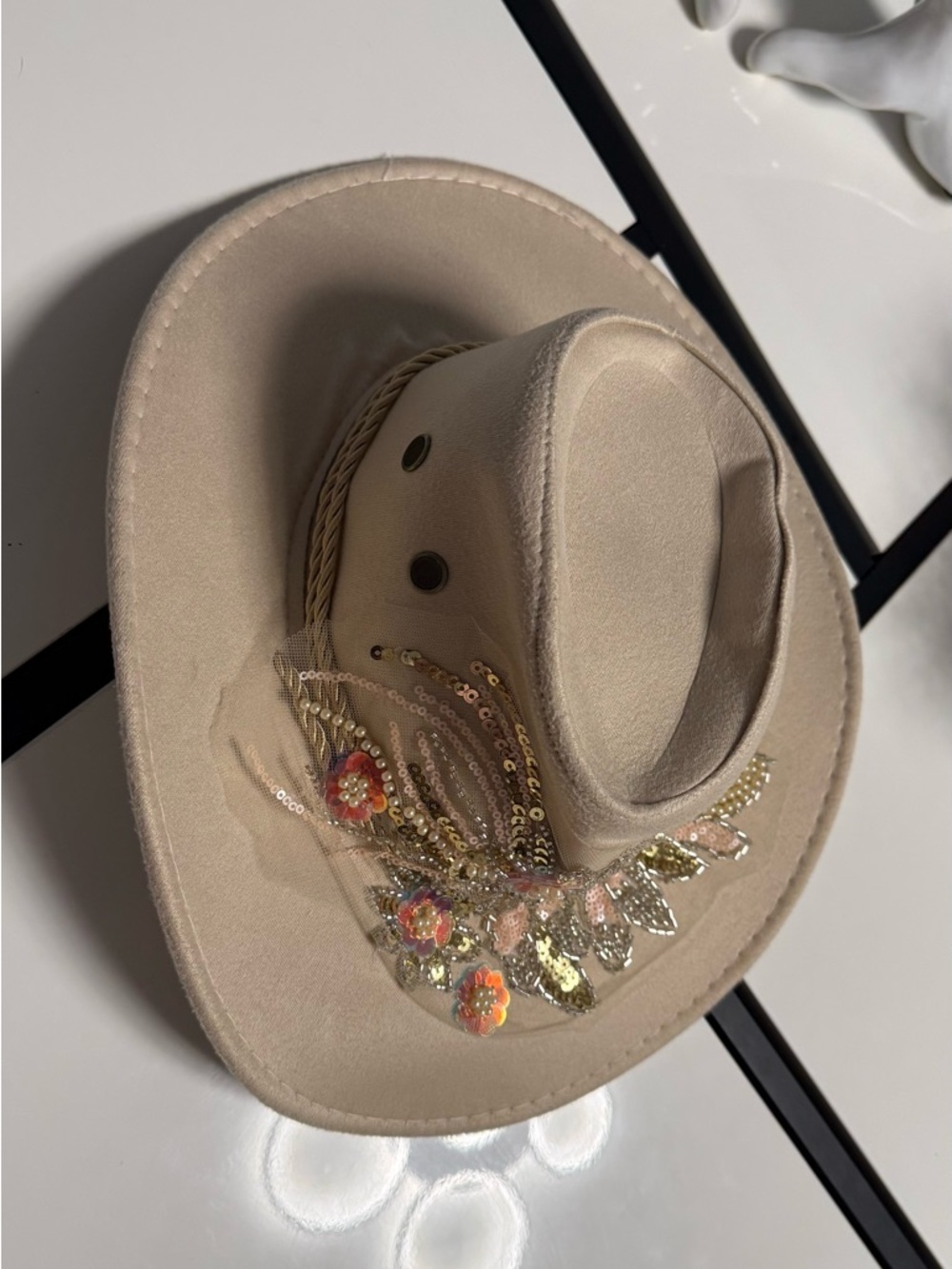Custom Embellished Boho Cowboy Hat - Beige - Picture 3 of 4